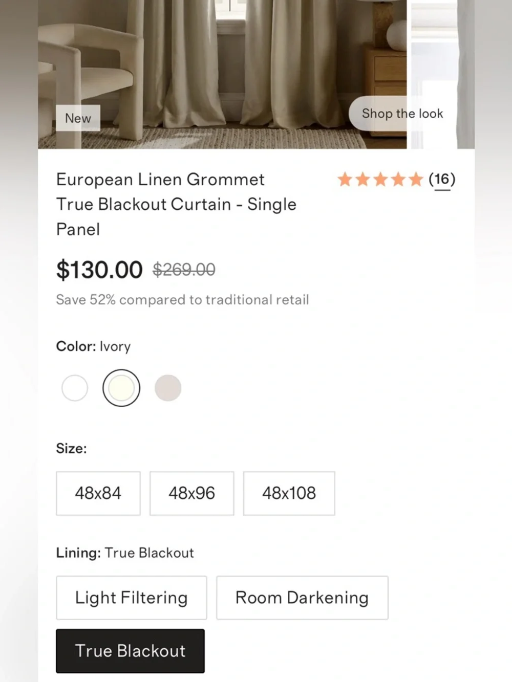 Quince European Linen Blackout Curtain Ivory 48x96 Grommet Single Panel